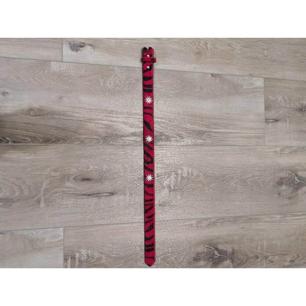 3D Leather Kids Small Red Zebra Hair-on-Hide Belt Western Rhinestone No Buckle